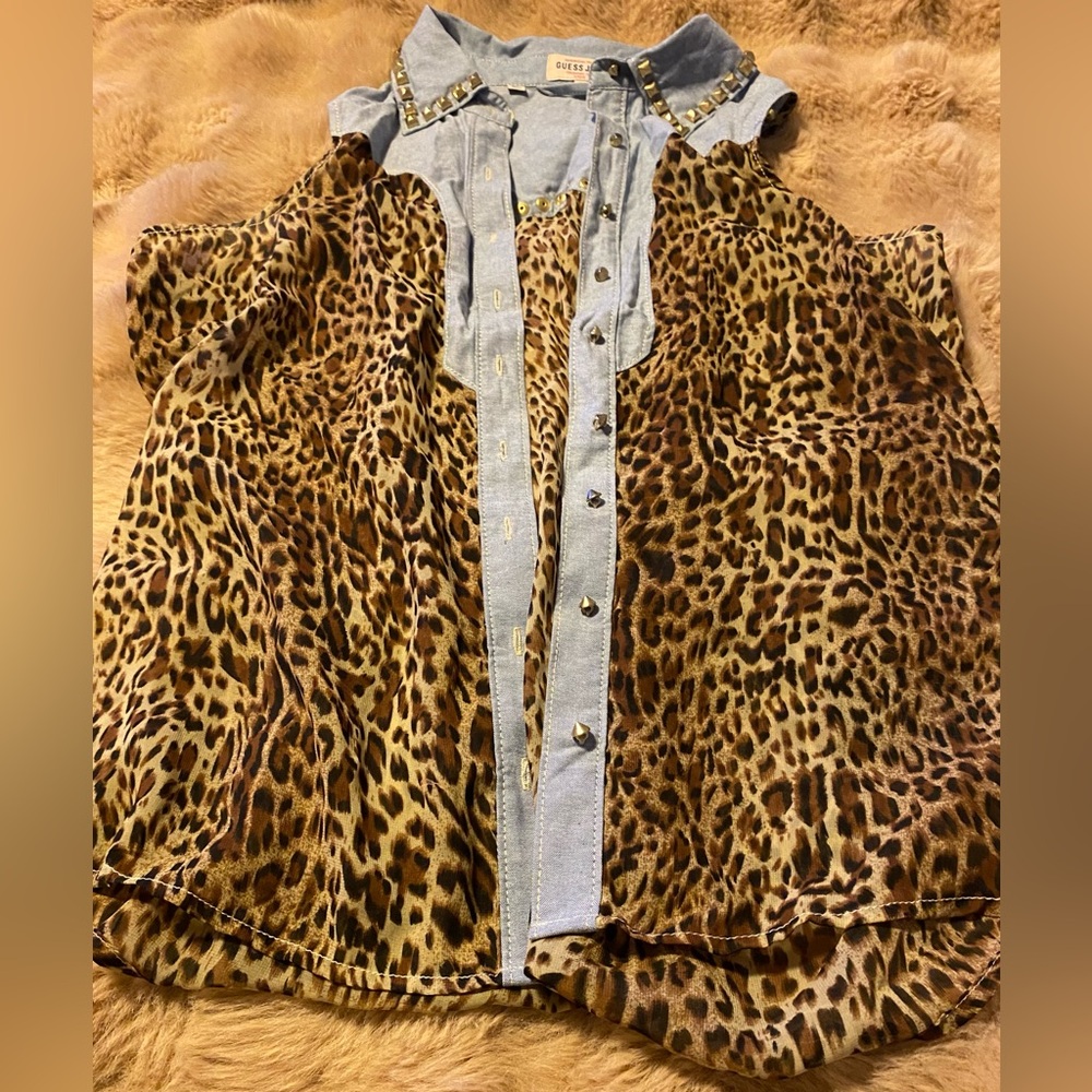 Guess Jeans Sleeveless Blue Denim and Leopard Print Studded Top small